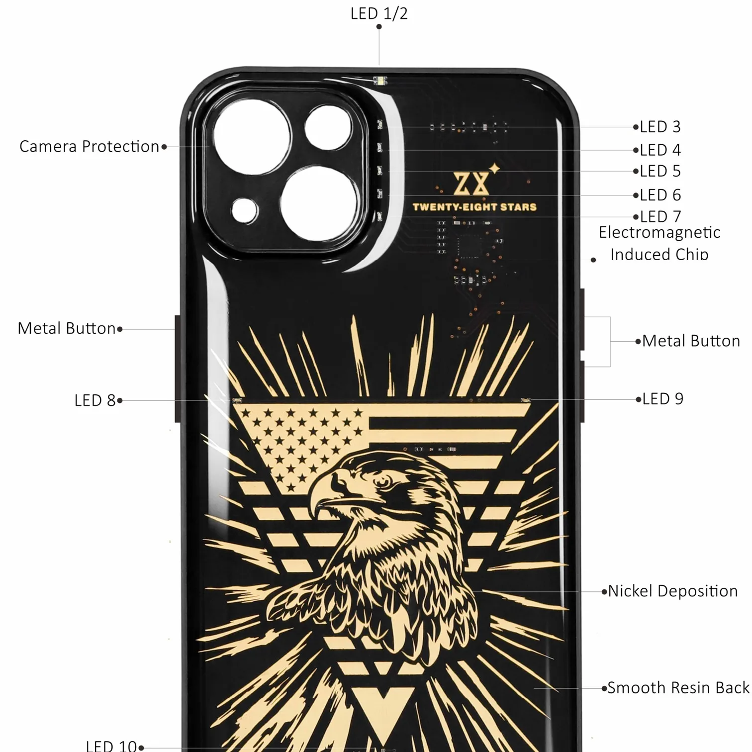 Luxury Bald Eagle Electromagnetic Induced Luminescence LED Glow Nickel Deposition Pattern Resin Back iPhone 13 14 Pro Max Case