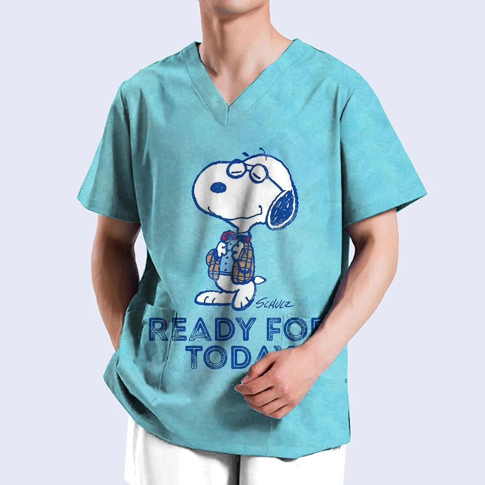 New Hospital Nursing Workwear Surgical Shirt Medical Scrubs Tops for women men Snoopy print V-neck Pockets Uniforms Scrub Blouse