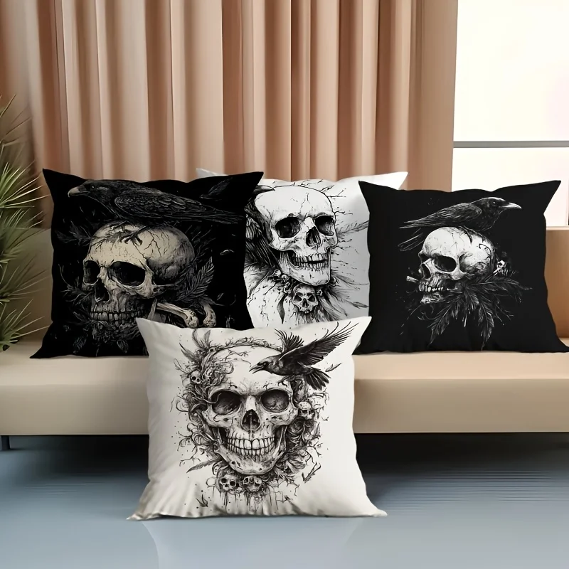 4Pcs Double‑Sided Skull & Raven Pillow Covers, Gothic Halloween Dark Style Cushion Cases for Indoor Outdoor Sofa Home Decor