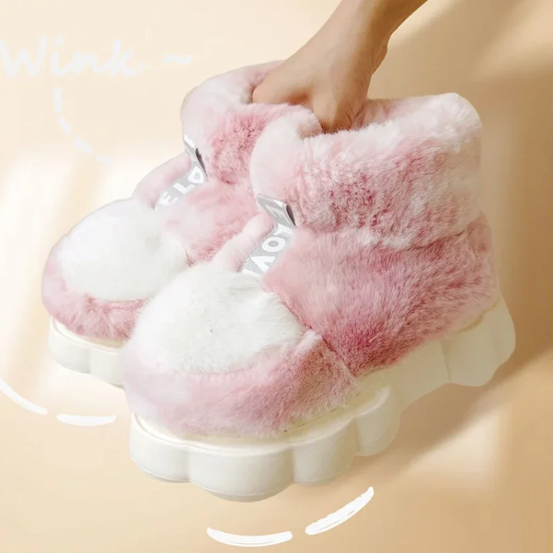 Women Winter Warm Shoes Plush Lining Cotton Slippers 2024 Couple Platform High Top Snow Boots Female Male Indoor Home Slipper