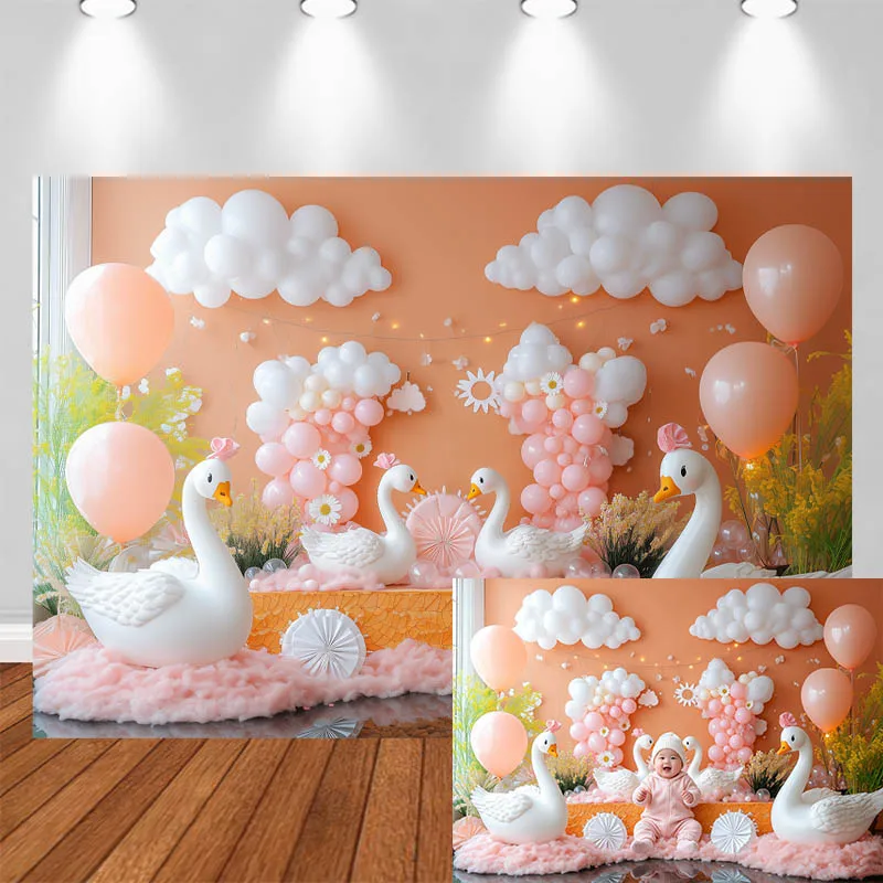 LS Photography Background White Cloud Swan Balloon Decor Birthday Baby Shower Cake Smash Adult Kids Portrait Photo Backdrop