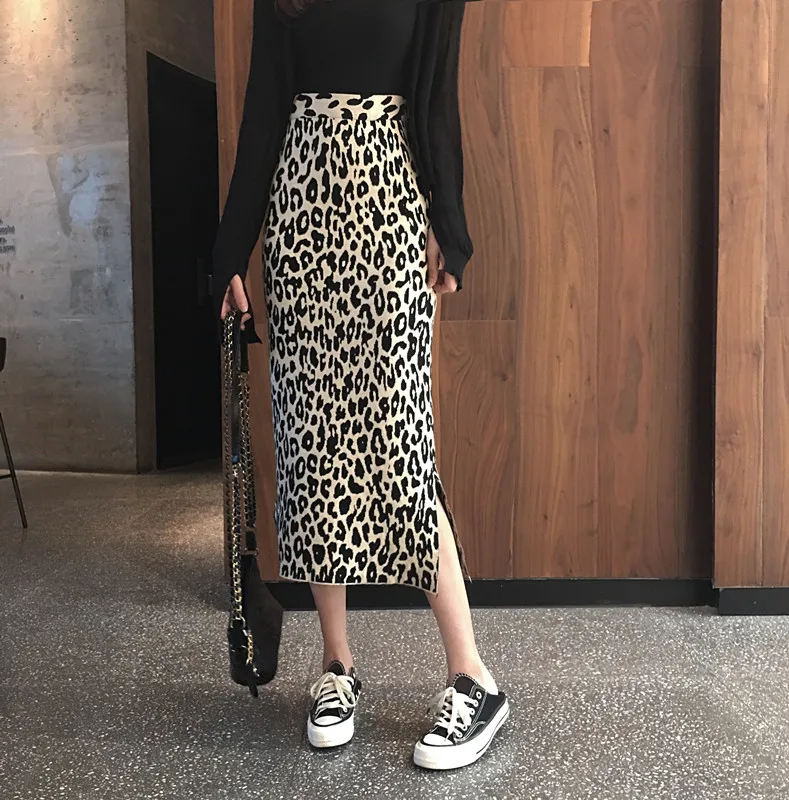 2022 early spring new long slit knitted leopard skirt women high waist knitted skirt