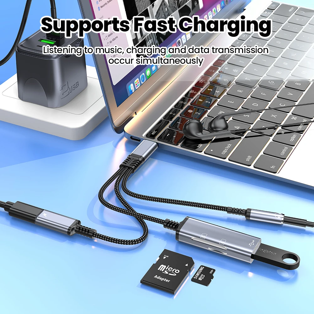 Elough Multi Functional 5 in 1 Type-C to 3.5mm Digital Audio Adapter SD/TF/USB Card Reader for iphone 15 16 17 Samsung