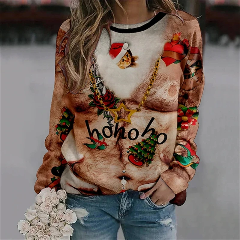 Lustiger Hässlicher Weihnachtspullover Damenkleidung Weihnachts-Paar-Sweatshirts mit Rundhalsausschnitt Fake-Muskel-Muster Kostüm Unisex Pullover