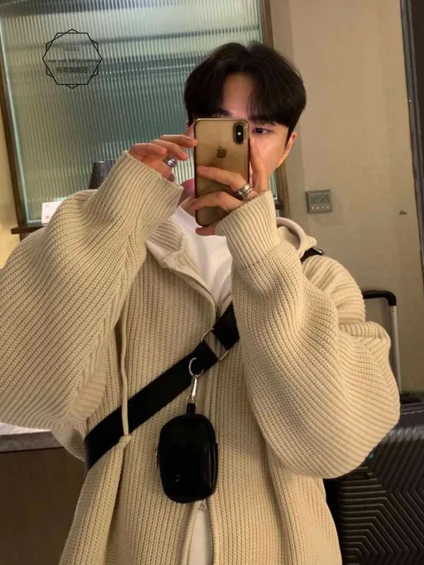 

Мужской вязаный кардиган Laid-ba на молнии, бежевый, в корейском стиле, с эффектом высокого класса, для весны и осени, повседневный, свободного кроя, длинный рукав