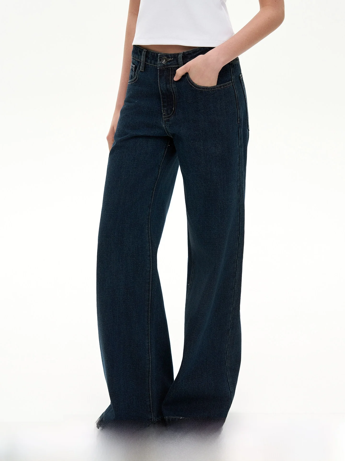 Jeans Americanos Estilo Retrô Azul Profundo com Cintura Média e Corte Reto, Calças Casuais Soltas e Estilizadoras para Mulher...