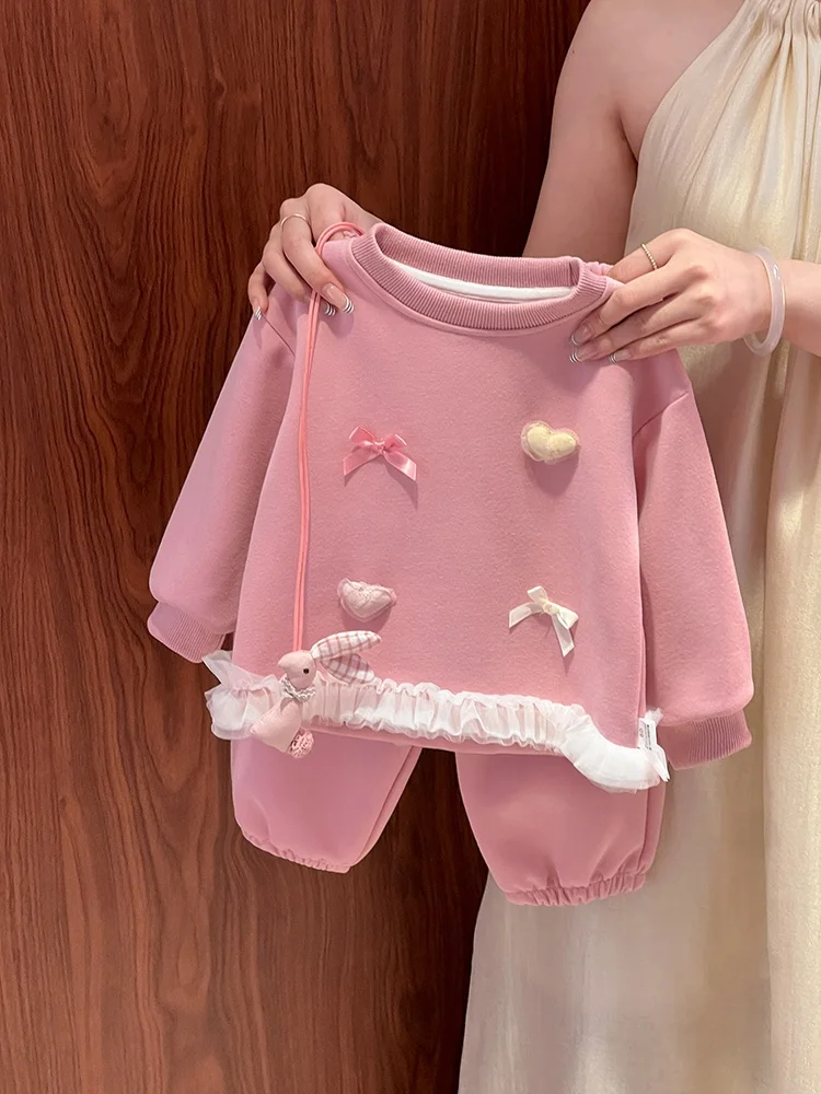 

Girls' Sweet Heart Lace Trim Sweatirt Pants Set Knot Two-Piece Suit Spring Autumn New Arrival Baby Outfit