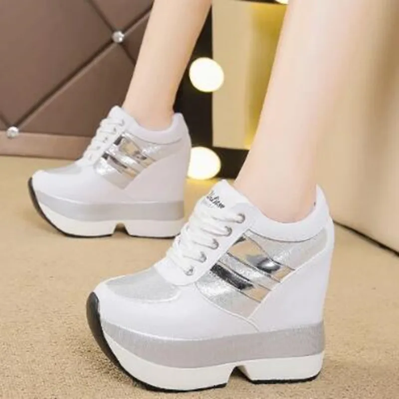 Luxus Herbst Frauen hohe Plattform Schuhe Höhe zunehmende Freizeit schuhe 12cm dicke Sohle Trainer atmungsaktive Schuhe Frauen Turnschuhe