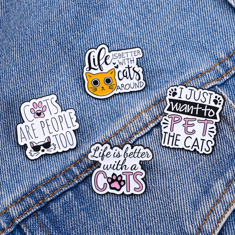 Cute Cat Enamel Brooch Pet Animal Footprints Sunglasses White Cat Life Better With Cat Cartoon Metal Badge Punk Pin Jewelry Gift