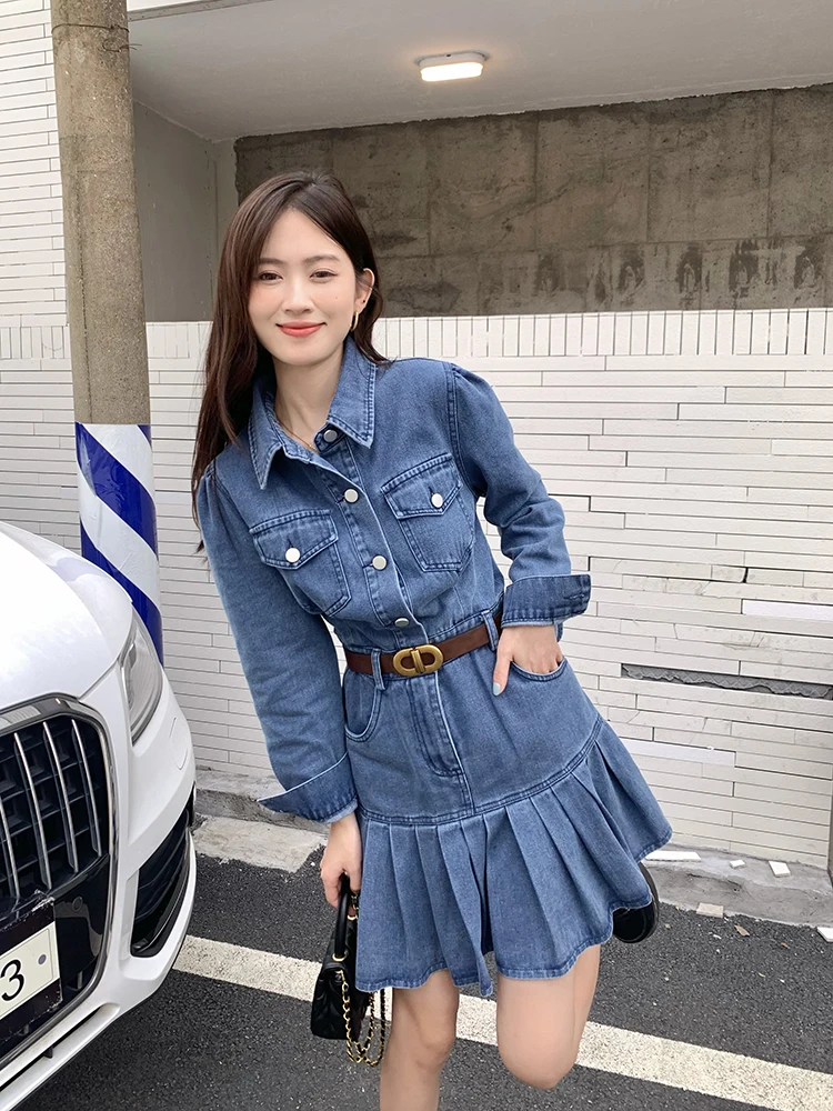 

Blue Women Jeans Dress Women 2023 New Fashion Casual High Street Long Sleeve Denim A-Line Pleated Dres With Belt Elegant Vestids