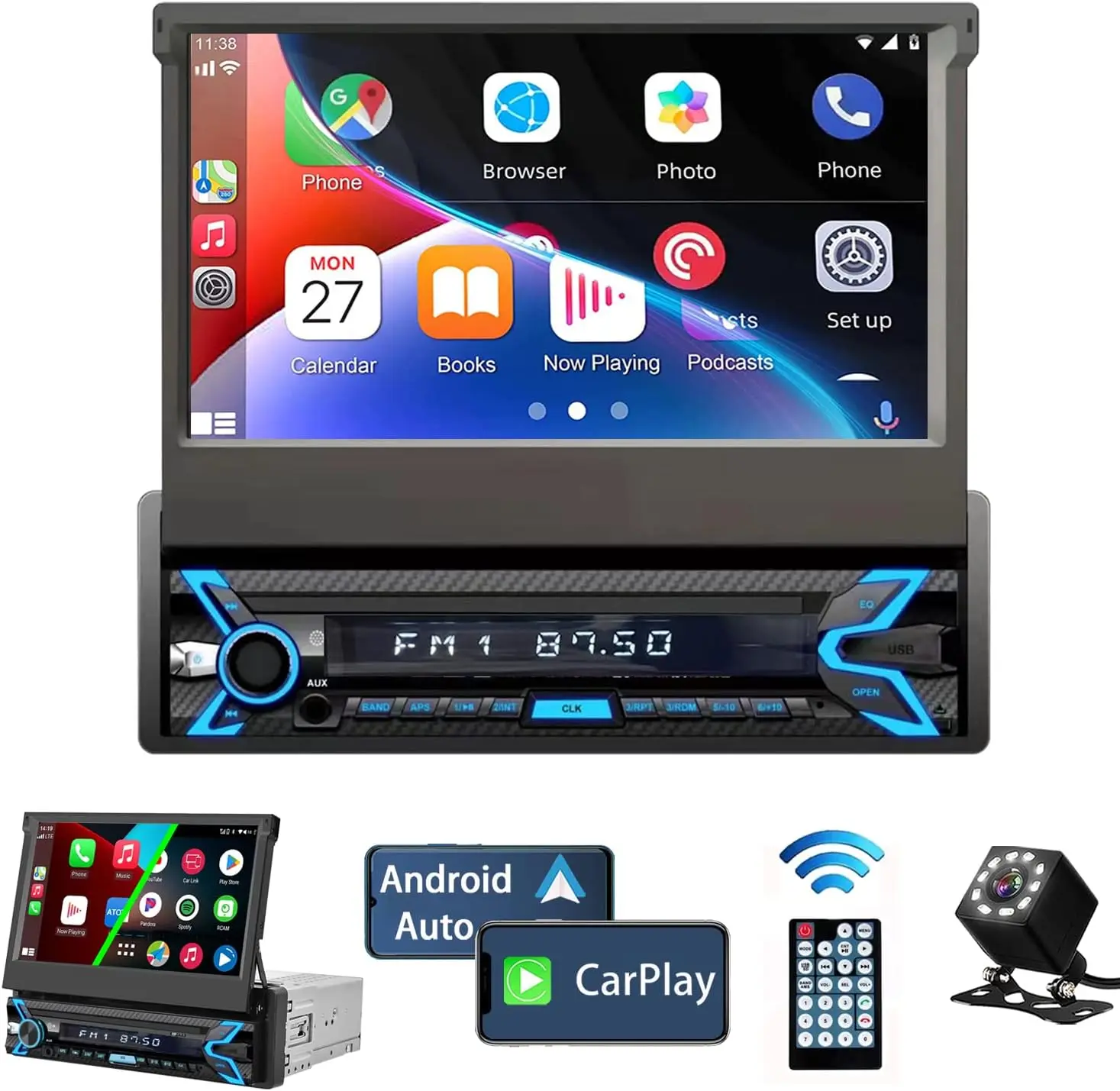 

7 Inch Retractable Screen Car Radio Stereo 1 Din Android Auto Carplay Car Video Player with Rear Camera Navigation USB/AUX/TF/BT