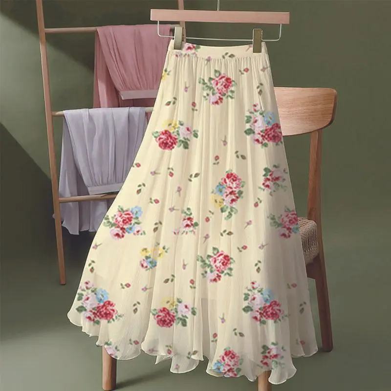Women's Floral Skirt High Waist Long New 2025 Printed Chiffon Skirt Summer Woman Skirts Mujer Faldas Umbrella Skirt A963