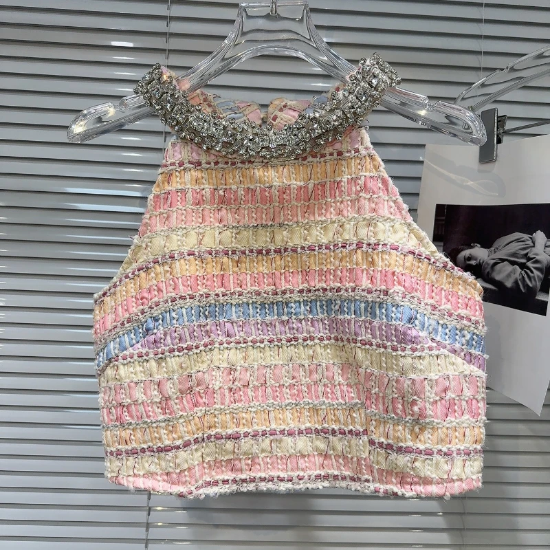 Mulheres primavera nova borda de strass halter coletes feminino listra contraste cor saias curtas moda commuter conjunto de duas peças