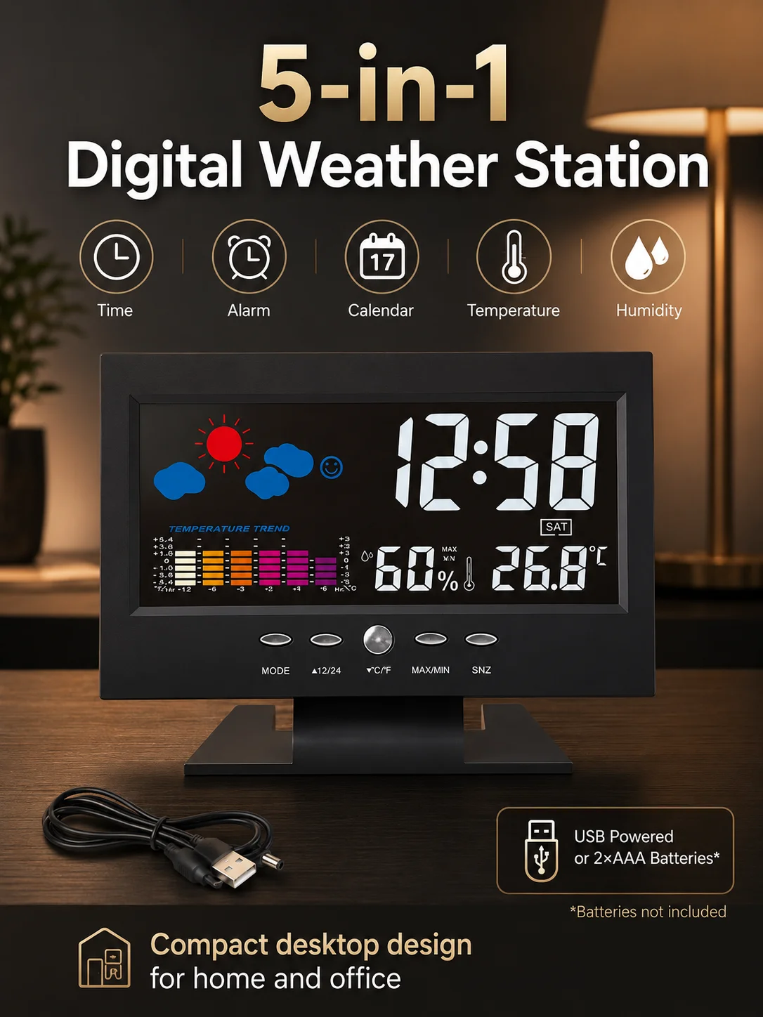 Thermo-hygromètre multifonctionnel d'intérieur, horloge numérique de bureau, affichage météo, heure, date, calendrier, réveil avec fonction snooze, décoration pour la maison