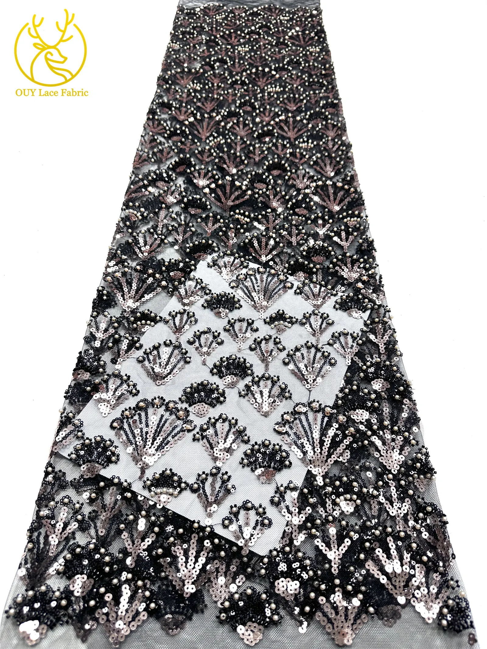 Luxuriöser französischer Perlen-Pailletten-Spitzenstoff 5 Yards Premium Hochzeitsstoff Nigerianischer Bräutigam Bestickter Tüll-Spitzenstoff für Brautkleider – Detail 24