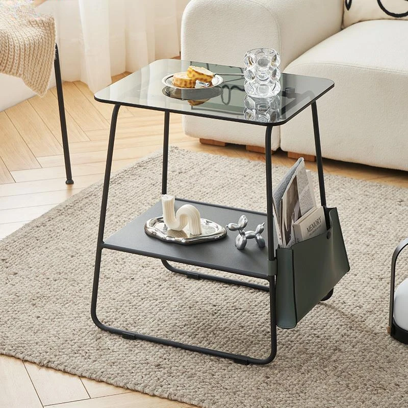 Sofa Side Table Coffee Table Bedside Rack Shelf Double Layer Metal Glass Corner Table