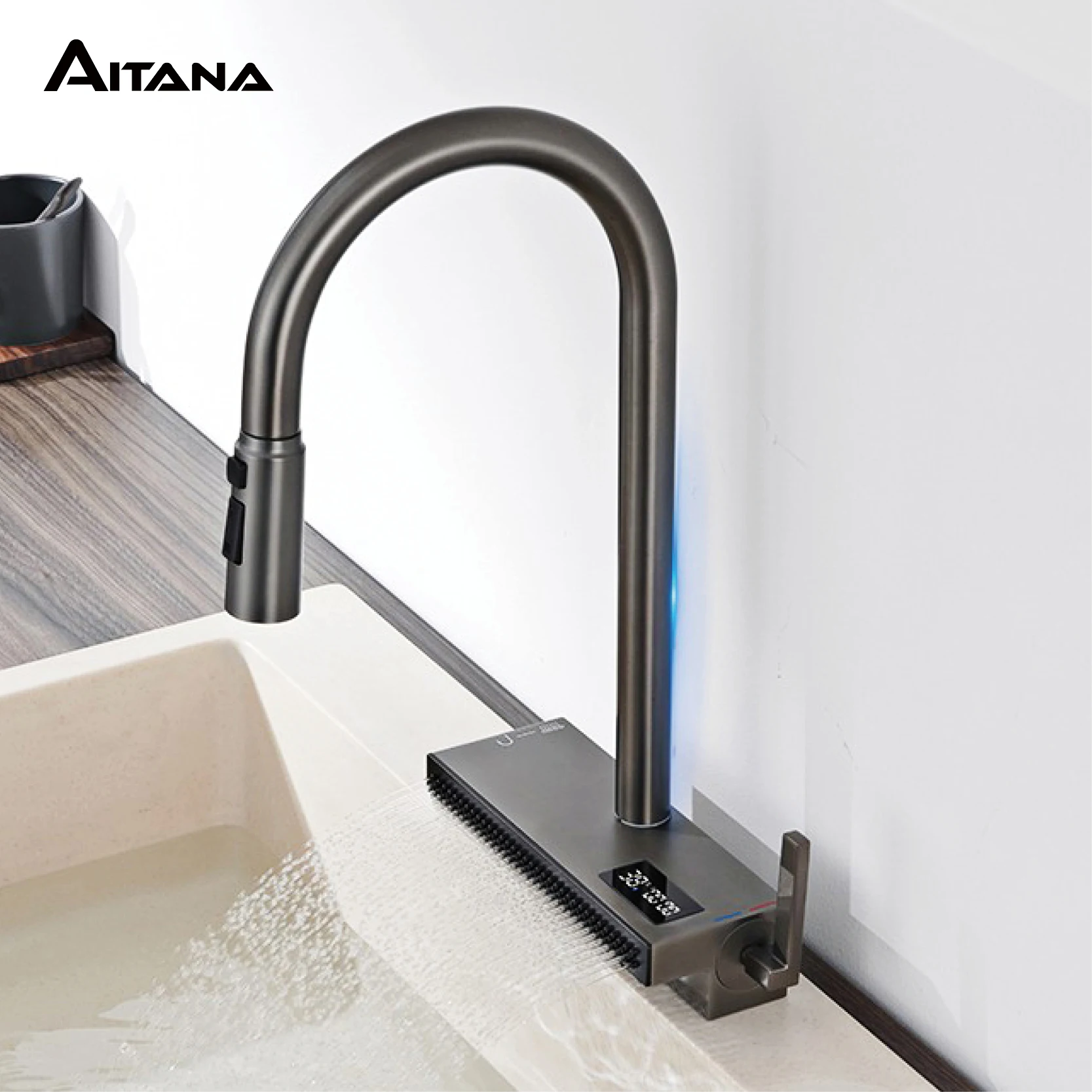 Luxury Gunmetal Brass LED Digital Display Kitchen Faucet 1 Hole Pull-out with 2 Modes Ceramic Valve Core Hot&cold Water Sink Tap