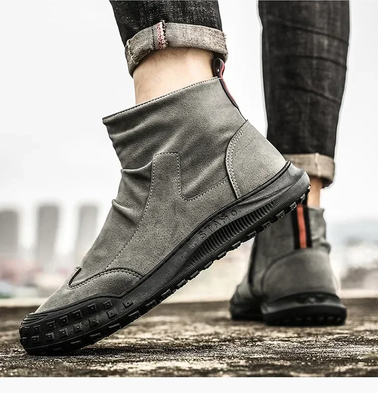 

Men's Boots High Cut Workwear Shoes Autumn New Zipper Pleated Non Slip Comfort Thick Soled Wear-resistant Fashion Flat Boots