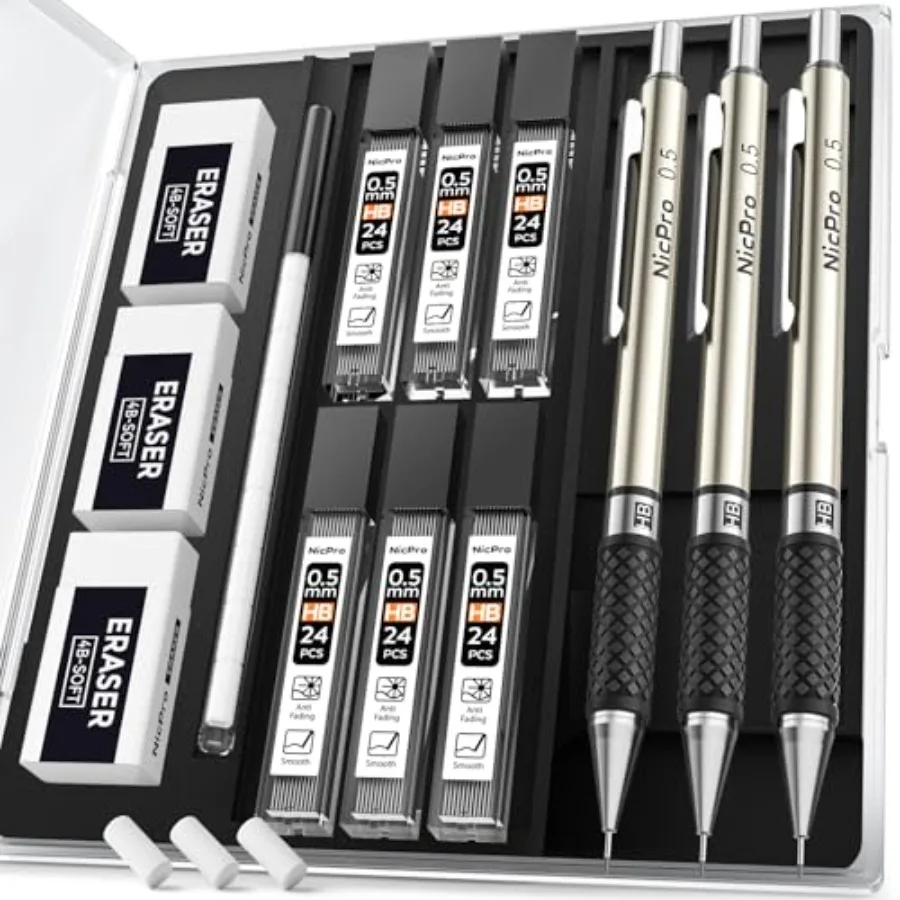 

0.5 mm Art Mechanical Pencil Set in Storage Case, 3 PCS Metal Drafting Pencil Lead Pencil with 6 Tube HB Refills, 3 Erasers, 9