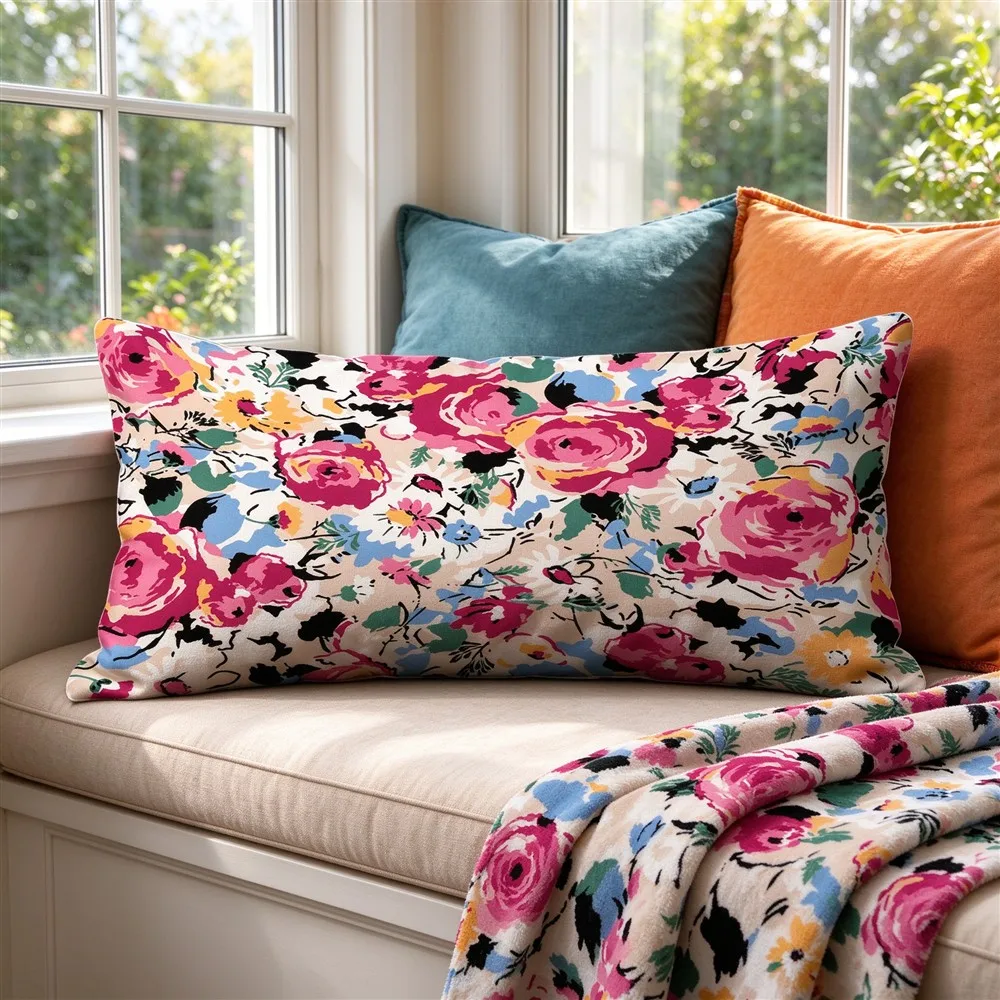 White Multi Rainbow Bloom Print Long Pillow Cover, Colorful Style, Bay Window Decorative, Polyester, Bridal Shower Gift