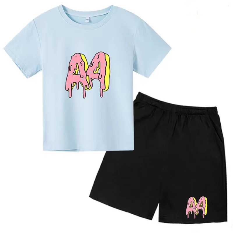 T-shirt e Shorts infantis 2P Top e Shorts estampados, roupas esportivas casuais, conjunto de jogging para meninos e meninas, presente de aniversário, 4 Y, 3-13Y, roupas infantis