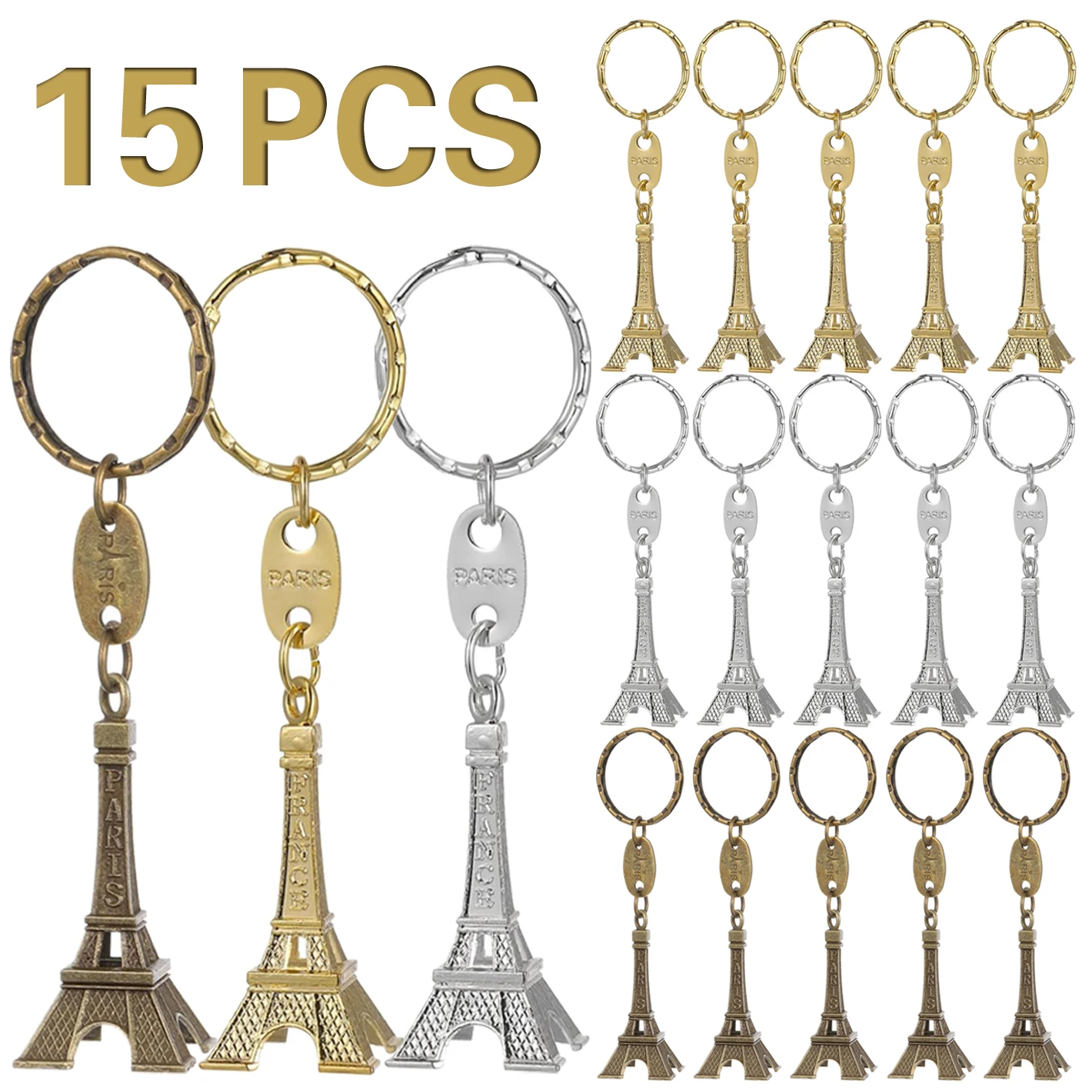 15Pcs 3D Eiffel Tower Keyring Retro Adornment French Souvenirs Keychains Metal Split Key Ring French Souvenir Paris Keychain