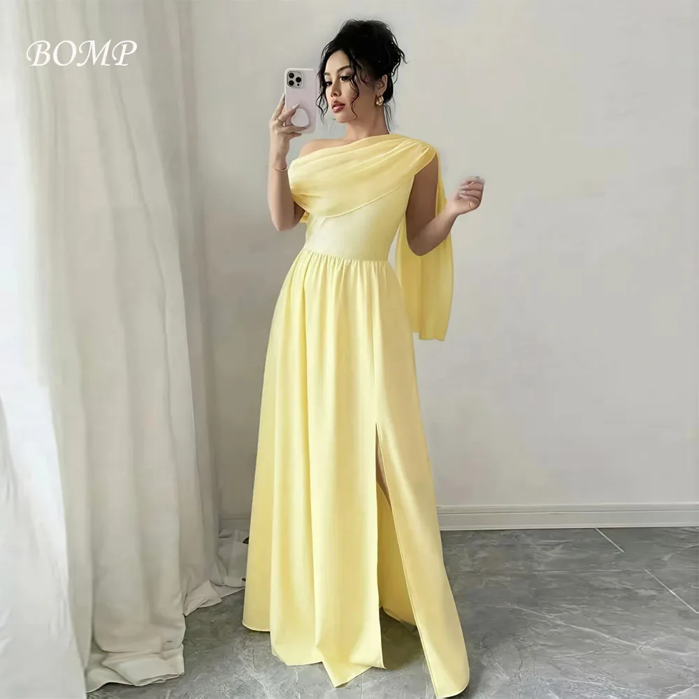 

BOMP Elegant Yellow Evening Gown One Shoulder Draped A-Line Floor Length Satin Formal Occasion Wedding Party Dresses Customized