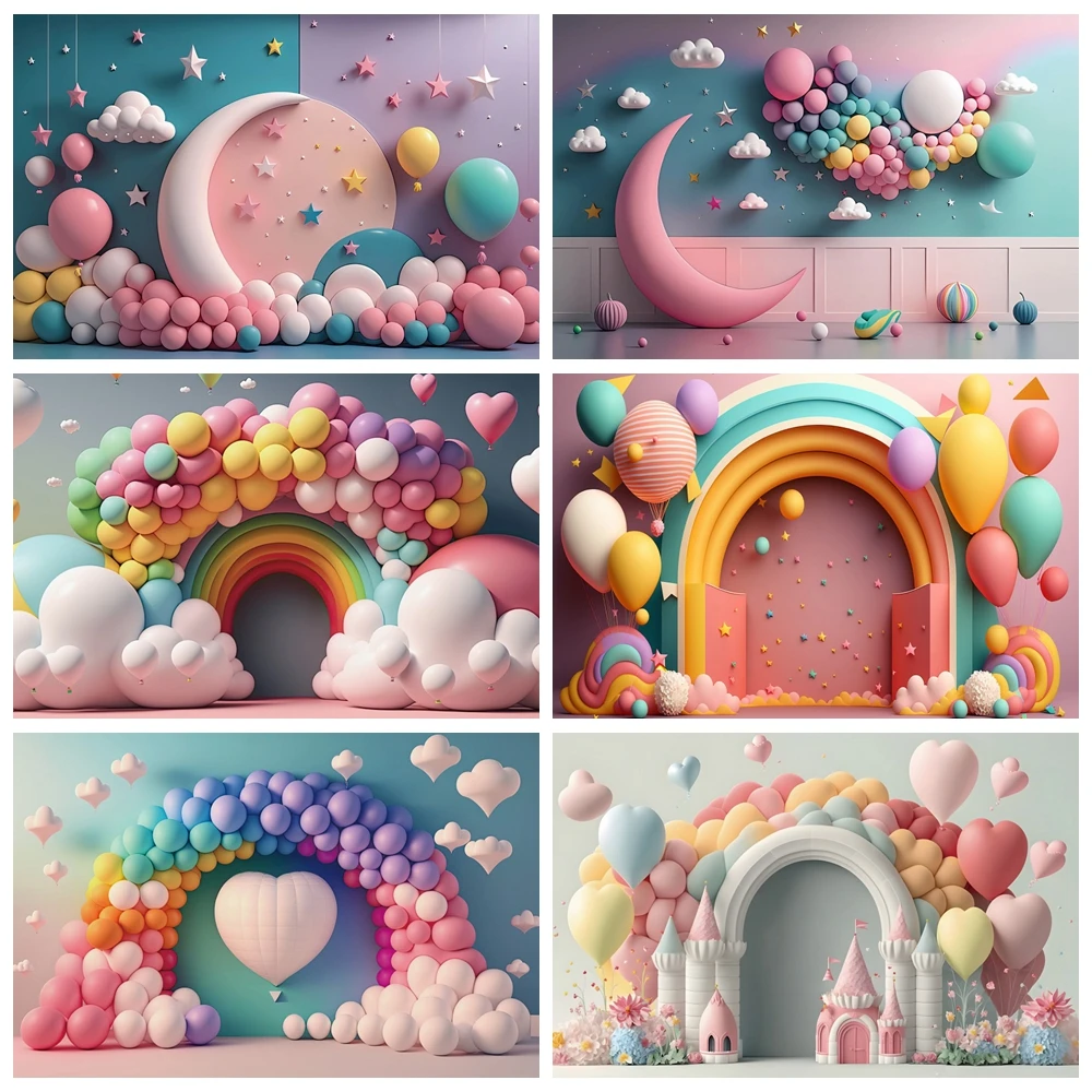 Newborn Baby Girl 1st Birthday Party Backdrop Photography Colorful Balloon Arched Door Baby Shower Cake Smash Photo Background