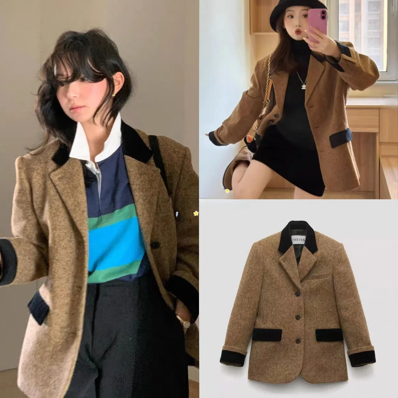 

Farven Velvet Patchwork Color Block Woolen Checkered Women's Suit Jacket Coat Casual Commute Style Long Sleeve Single Button
