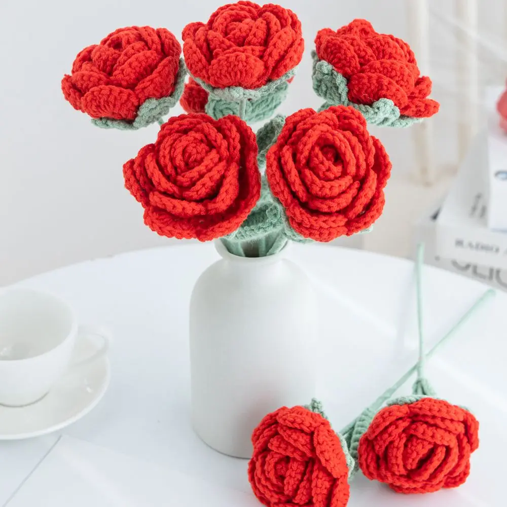 1pc Artificial Handmade crochet yarn Rose Flower Outdoor garden wall Wedding bridalbouquet Christmas Home vase Festival Diy gift