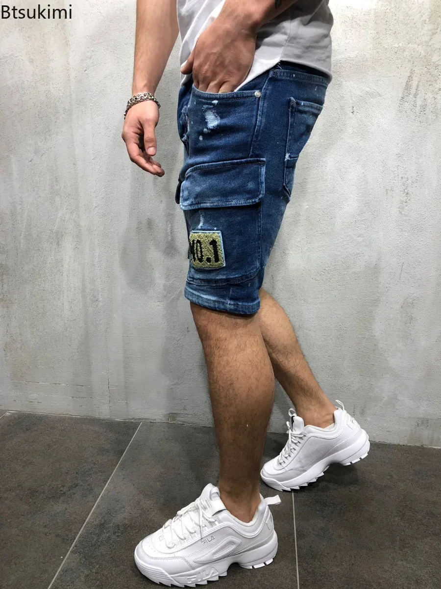 2024 Men\'s Summer Short Jeans High Stretch Fashion Casual Denim Shorts Male Slim Fit Elastic Badge Pockets Hole Shorts for Men