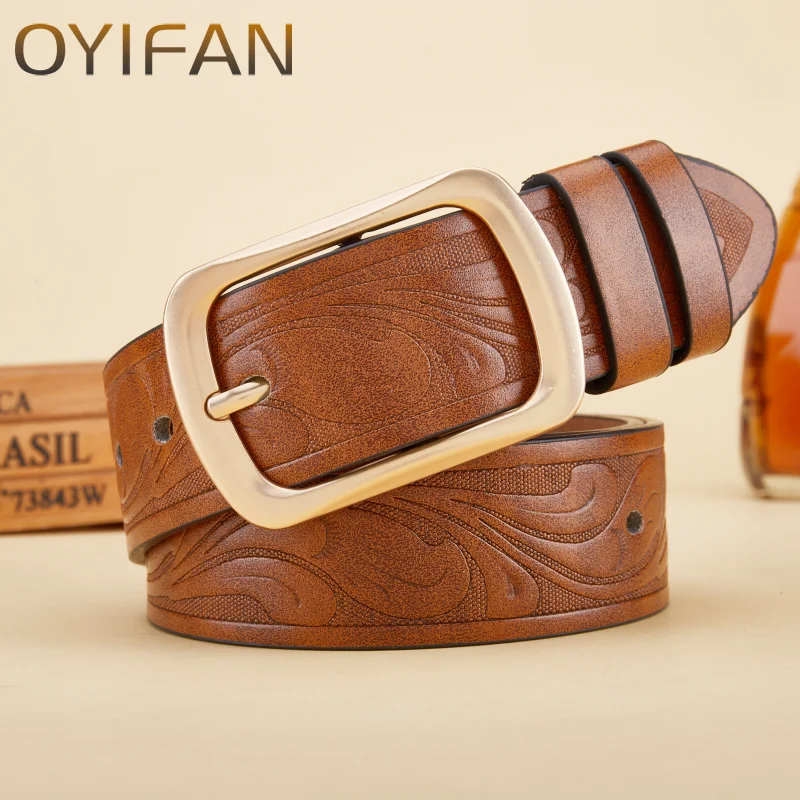 Unisex Western Cowboy Embossed Leather Belt Golden Square Pin Buckle Vintage Floral Print Casual Waist Belt For Daily Jeans
