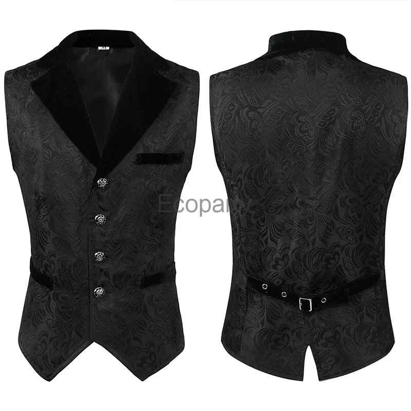 

Men's Victorian Steampunk Vest Renaissance Medieval Gothic Waistcoat Men Vintage Black Jacquard Notched Lapel Tuxedo Vests 3XL