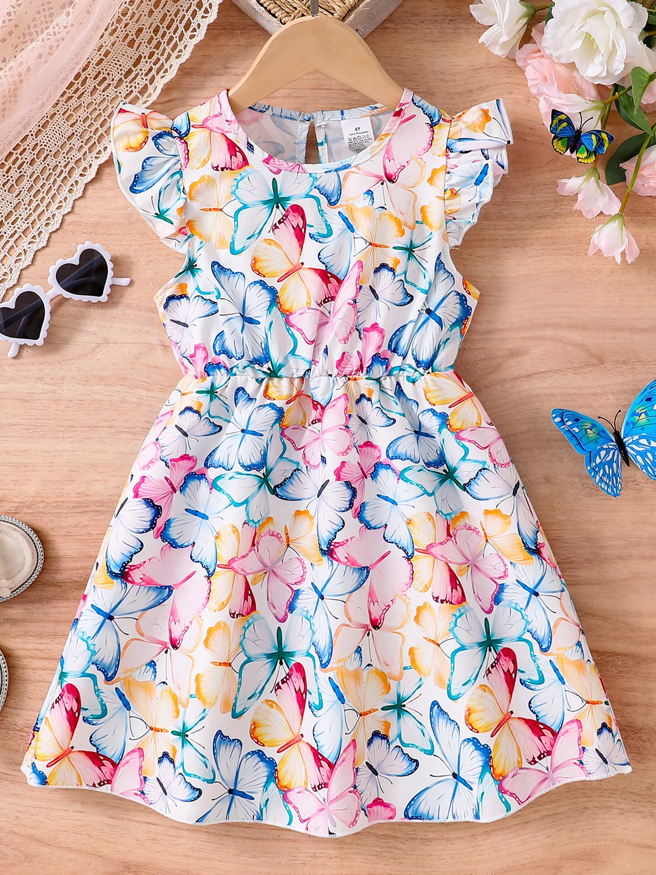 New 1-Piece Set: Girls' Summer Thin Sleeveless Dress, Children's Comfortable Soft Bow Print Round Neck Flutter Sleeve Elastic Waist Dress, Cute and Fashionable Outfit for Girls, Youthful Sweet Princess Holiday Style Outfit, Suitable for 4-5-6-7-8 Years Old, Suitable for Outdoor Activities, Casual Wear, Parties, Holiday Gifts, Eid, Easter, and Carnival for Girls