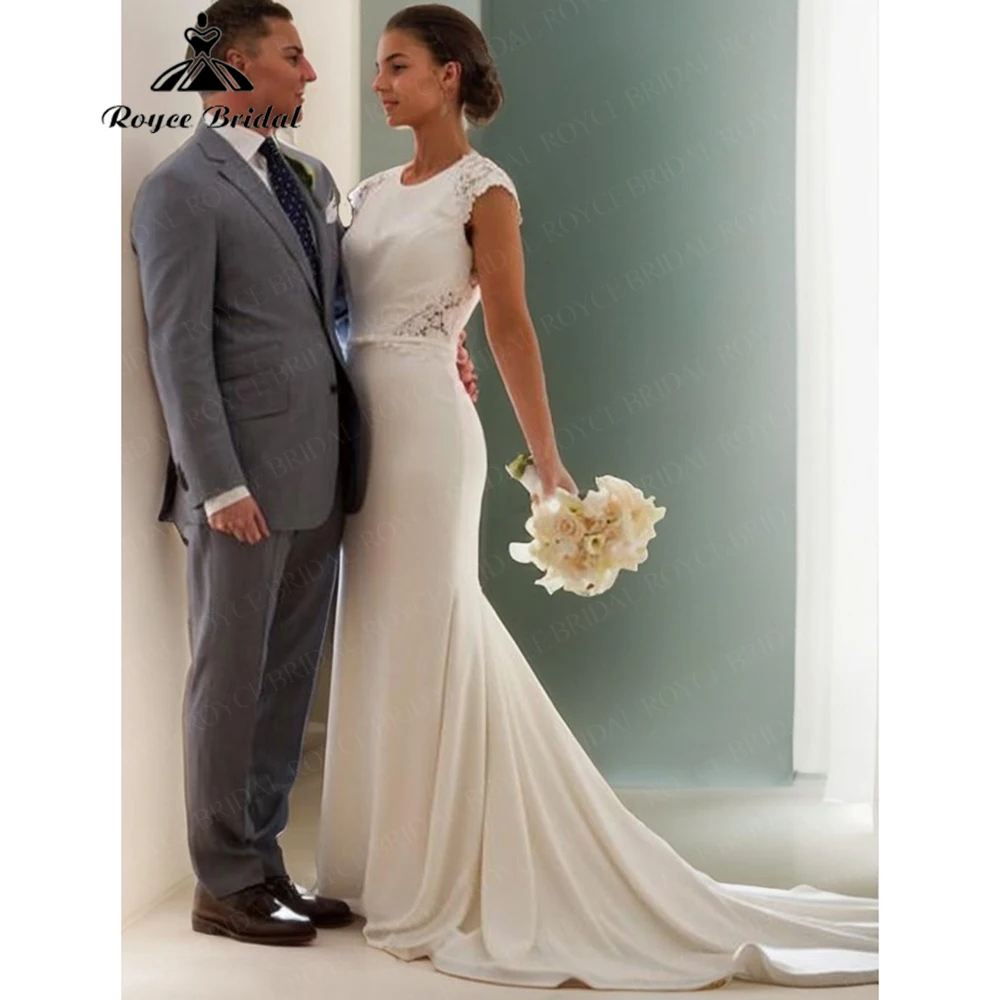 

Roycebridal Boho Lace and Satin Mermaid Wedding Dress O Neck Cap Sleeve Sweep Train 2025 Bridal Gowns Customized Robes De Soirée