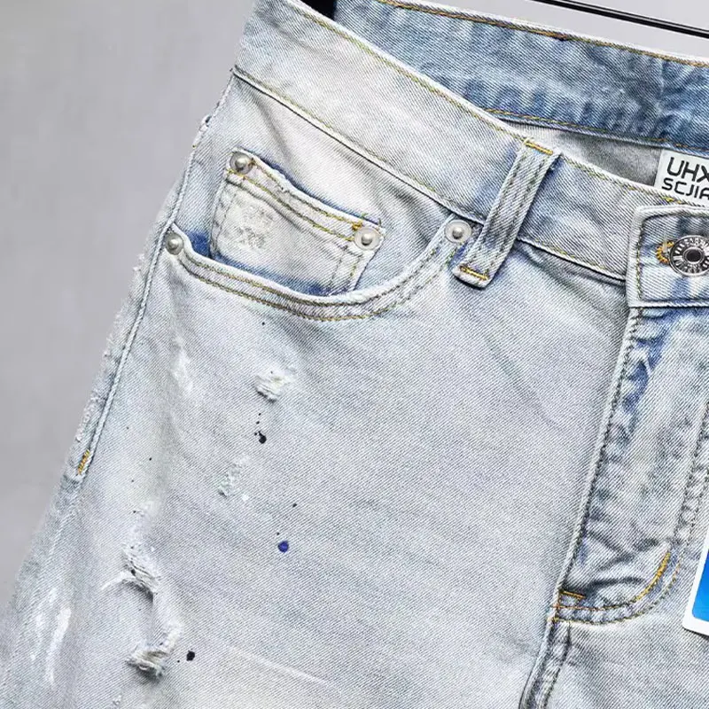Street Fashion Men Jeans Retro Light Blue Stretch Slim Fit Ripped Jeans Men Painted Designer Hip Hop Vintage Denim Pants Hombre