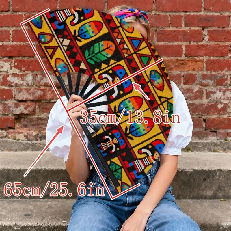 Men'S Portable Fan, Single Piece, Made Of, Featuring a Bright Cultural Textile Design (Yellow Background with Stylized Figures, Plants, And Geometric Patterns), Fashionable And Convenient for Everyday Or Outdoor Use, Showcasing Folk Art Style