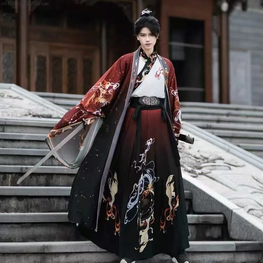 

Old Spirit Animal Printing Hanfu Traditional Chinese Weijin Period Shirt Holiday Martial Swordsman Cosplay Suit