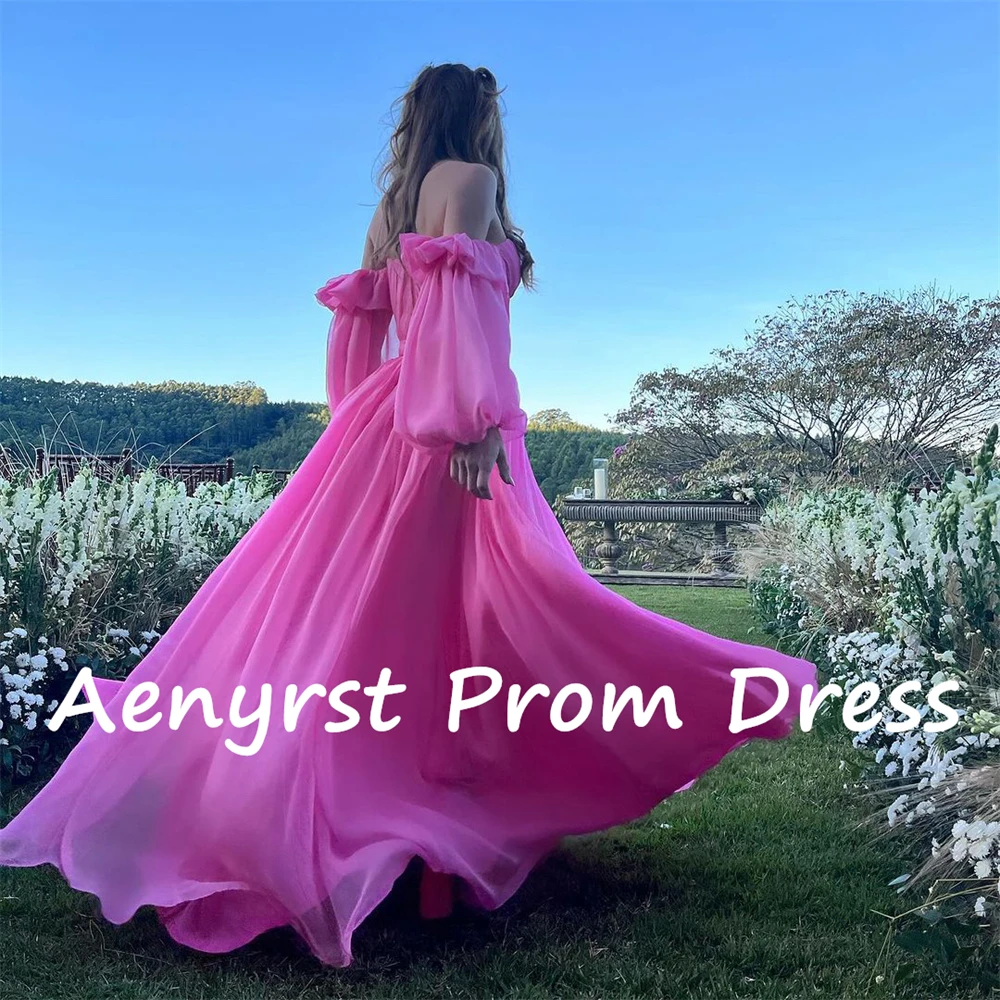 Aenyrst Vestido largo de gasa con hombros descubiertos para fiesta de cumpleaños, traje de noche largo hasta el suelo con mangas abullonadas, corsé de línea A