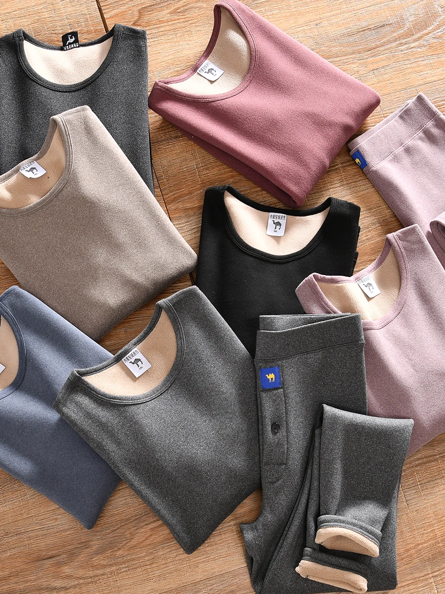 Thickened Fleece Lined Slim Fit round Neck Winter Warmth Couple Set High Elasticity Long Sleeve Home Clothes Youth Polyester ...