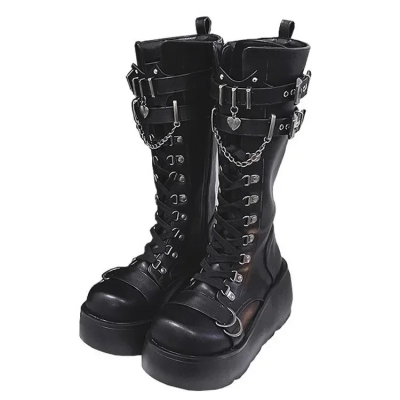 Buty motocyklowe Platforma Buty dla kobiet Kliny Kolano Wysokie Czarne Sznurowane Moda Goth Gothic Buty Punk Buty Dziewczyny Zima