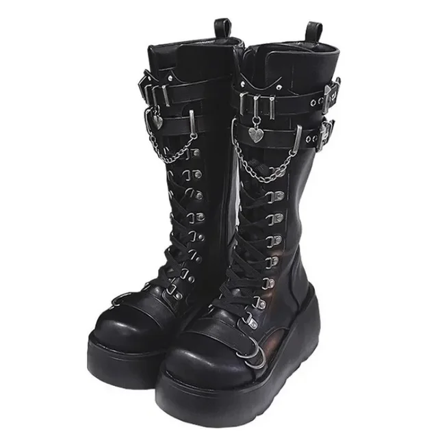 Buty motocyklowe Platforma Buty dla kobiet Kliny Kolano Wysokie Czarne Sznurowane Moda Goth Gothic Buty Punk Buty Dziewczyny Zima