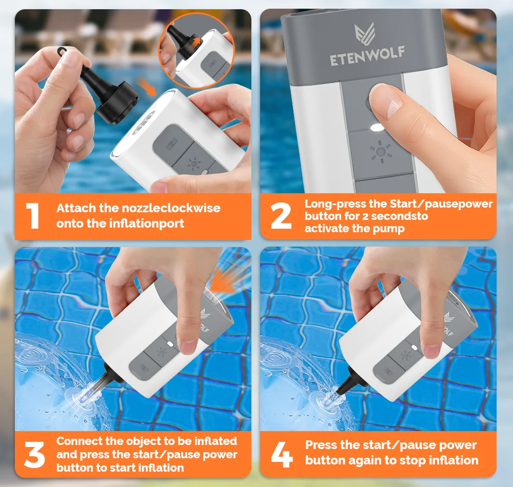 ETENWOLF AIR 5 PRO Elektrische Luftpumpe 720 LPM 4X Quick 10400 mAh Aufblasgerät & Entleerungsgerät Tragbare Luftpumpe für Pool-Schwimmkörper – Detail 7