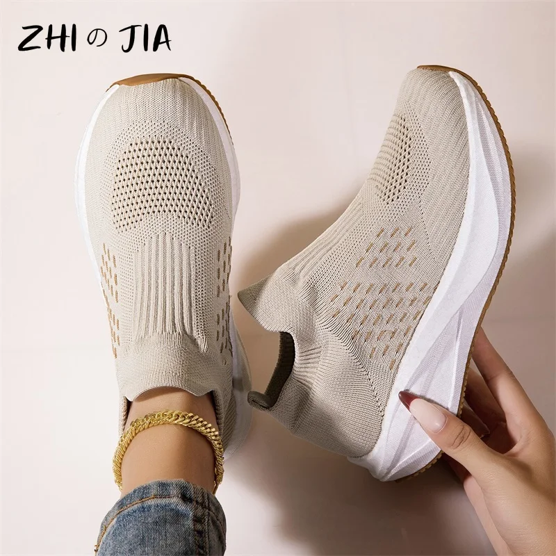Spring Summer Slip On Sock Shoes Couple Thick soled Running and Fitness Shoes Mesh Breathable Knitted Footwear 36-45
