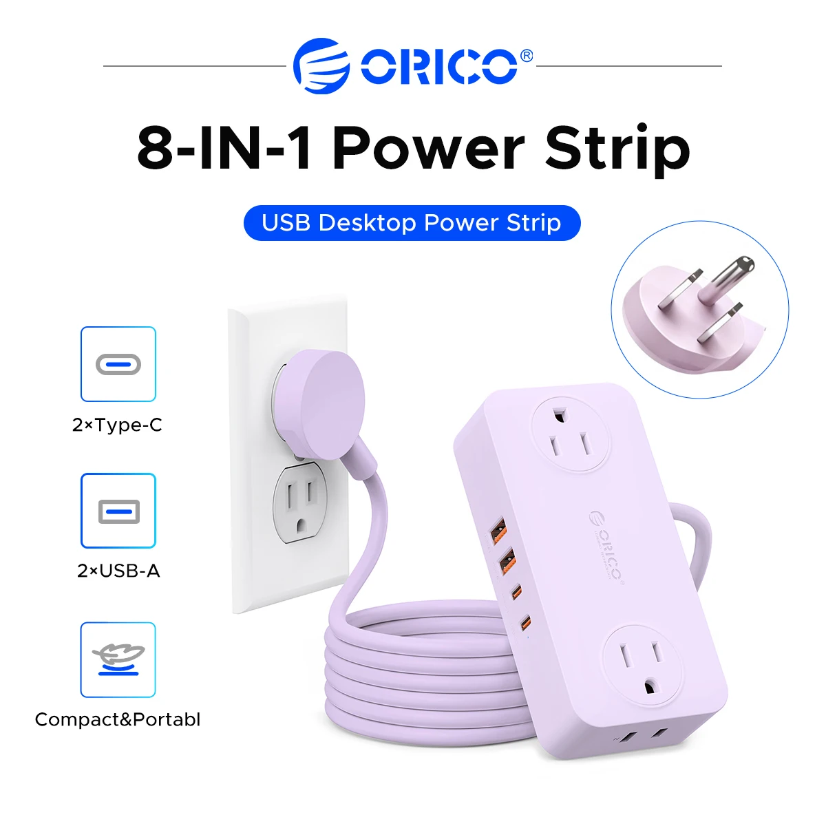 ORICO 8-IN-1 20W USB Desktop Power Strip Stylish Multi-color Power Strip 5ft Extension Cord For Living Room Office Dormitory