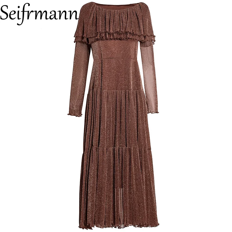 فستان Seifrmann متوسط الطول فاخر من الألماس المتلألئ بطبقات عالية الخصر على شكل حرف a لخريف 2025 منتج جديد