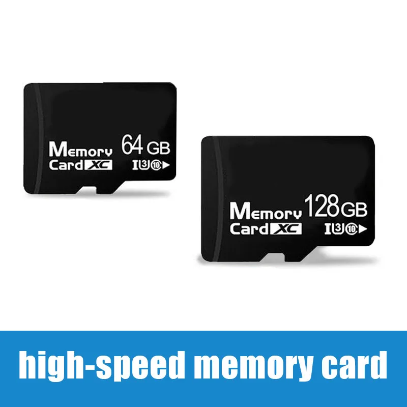 64GB and 128GB TF memory cards are included, along with a card reader, suitable for various electronic devices.