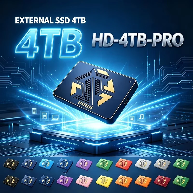 HD-4TB-PRO, SSD externo portátil de 4 TB, unidade de estado sólido de alta velocidade, disponível em 13 cores, para armazenamento em laptops, computadores de mesa e telemóveis.