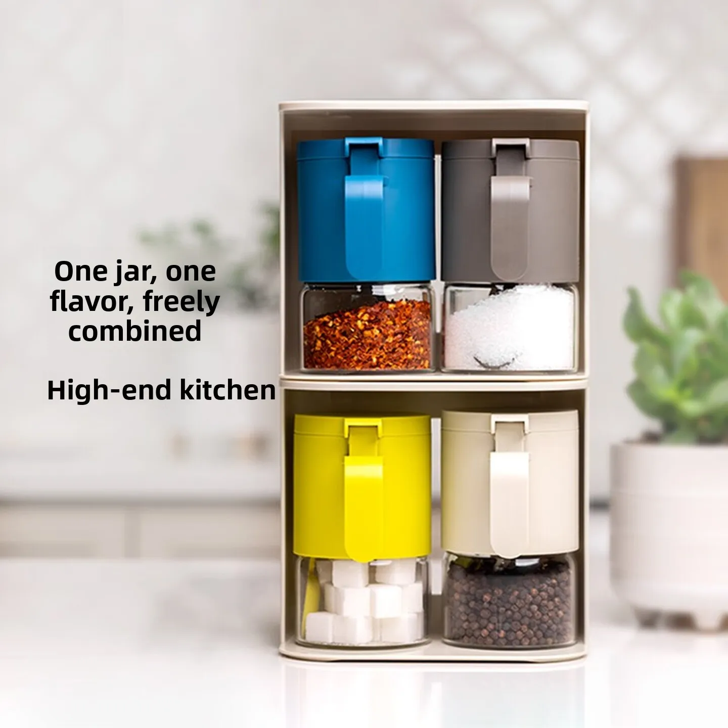Borosilicate Glass Spice Jars Four Piece Seasoning Container Set with Two Holders Moisture Resistant Design for Kitchen Storage