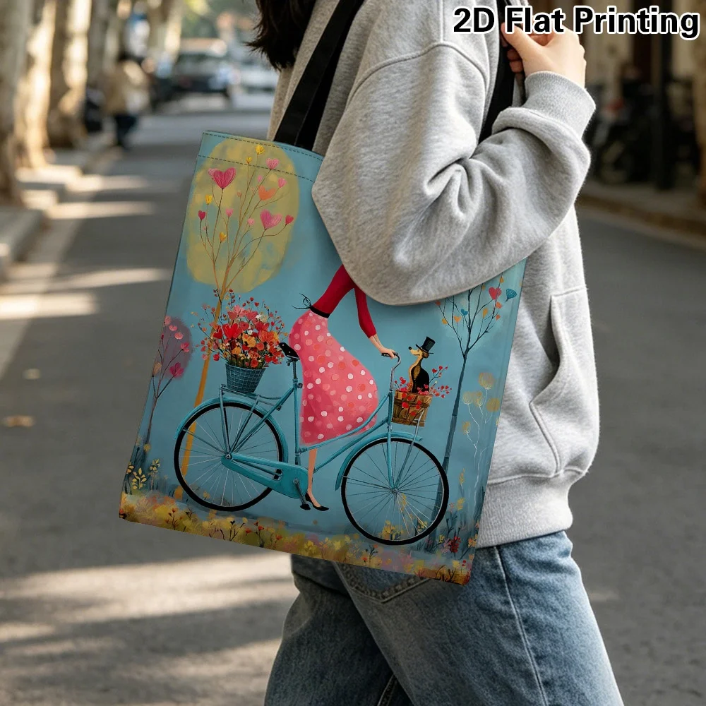 1pc Elegant Woman Riding Bicycle Tote Bag Reusable Foldable Grocery Bag for Travel Beach Commute Shopping Pouch Women Daily Use